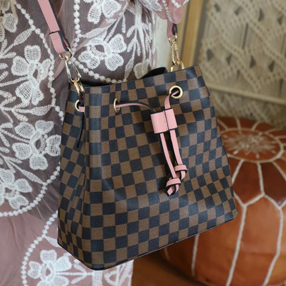 Brown checkered bucket bag